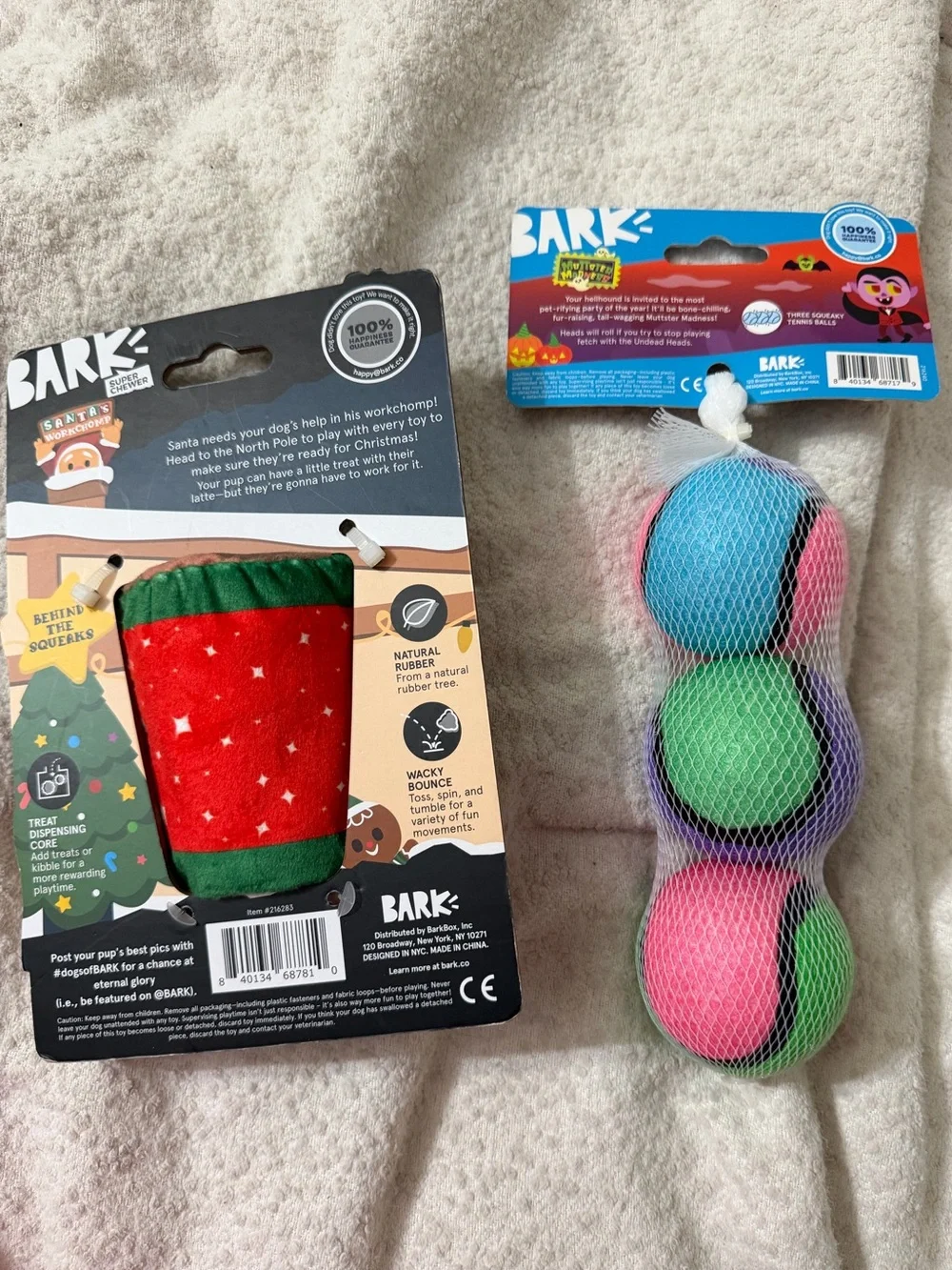 Bark Super Chewer Holiday Latte Plush Toy and tennis ball bundle set